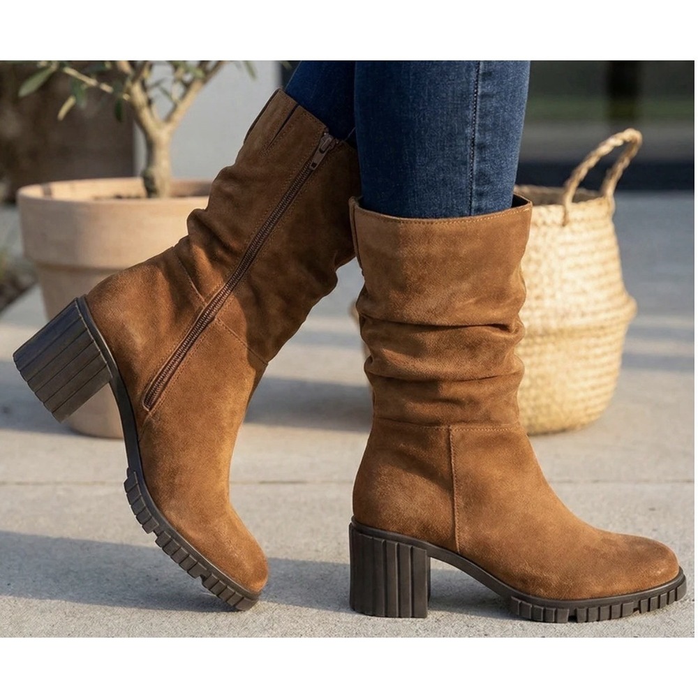 Eric Michael Mercedes Suede Boots Cognac Mid Heel Lug Sole US 6,5/7 Portugal